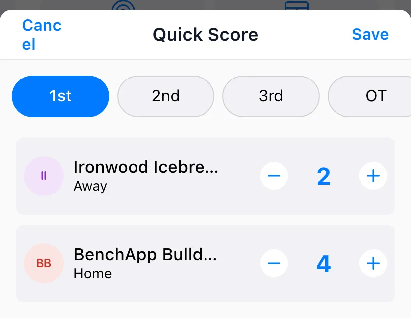 Quick Score sheet open over a finished game's details: Ironwood Icebreakers (Away) at 2 and BenchApp Bulldogs (Home) at 4, each with minus and plus buttons, period chips along the top, and Cancel and Save in the header.