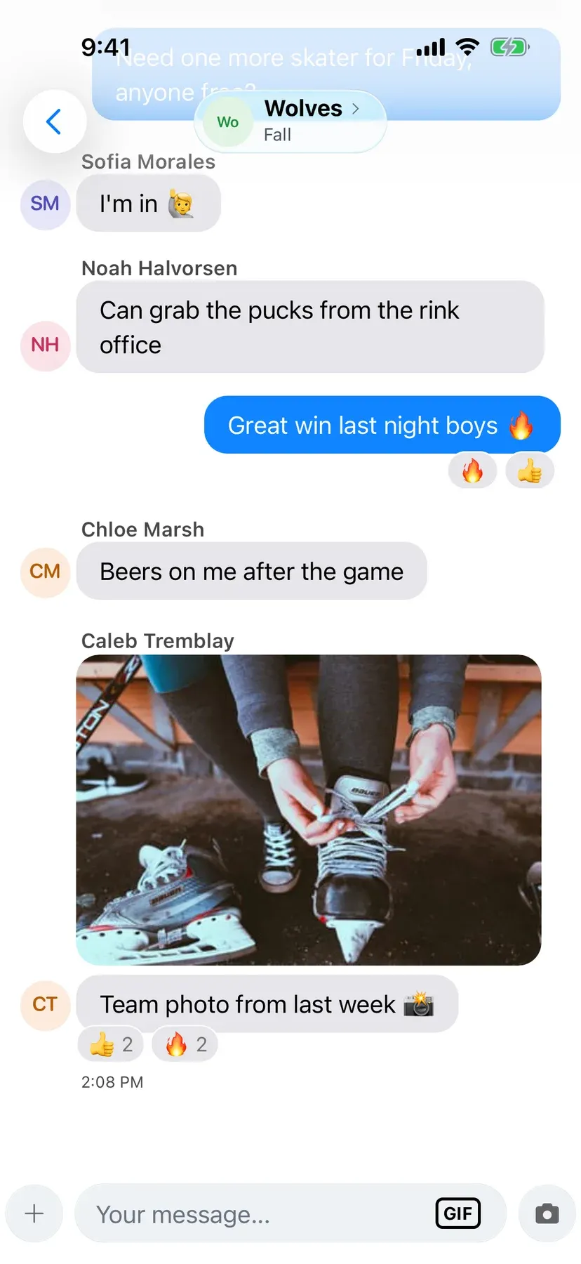 BenchApp on a phone: team chat with shared photos and GIFs