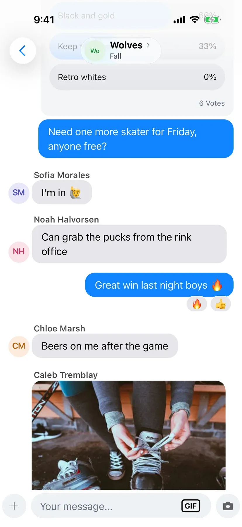 BenchApp on a phone: a team chat conversation