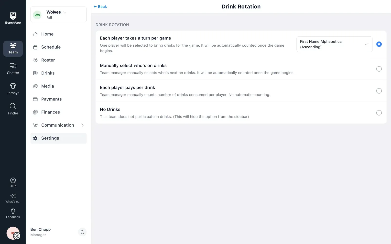 BenchApp on a computer: Drink Rotation settings