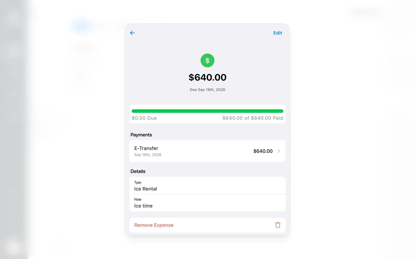 BenchApp on a computer: a $640 ice rental expense, paid in full by e-transfer