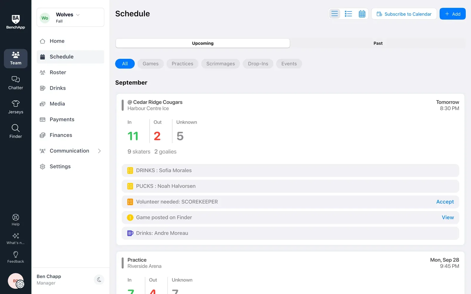 BenchApp on a computer: the schedule with in, out and unknown counts for every game