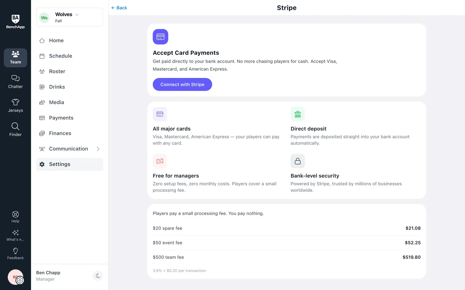 BenchApp on a computer: the Stripe screen with a Connect with Stripe button and what players pay for a $20, $50 and $500 fee