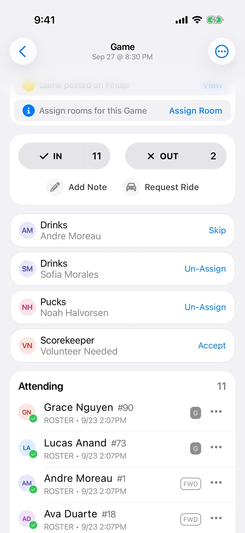 BenchApp on a phone: duties for the next game, with a player assigned to each job