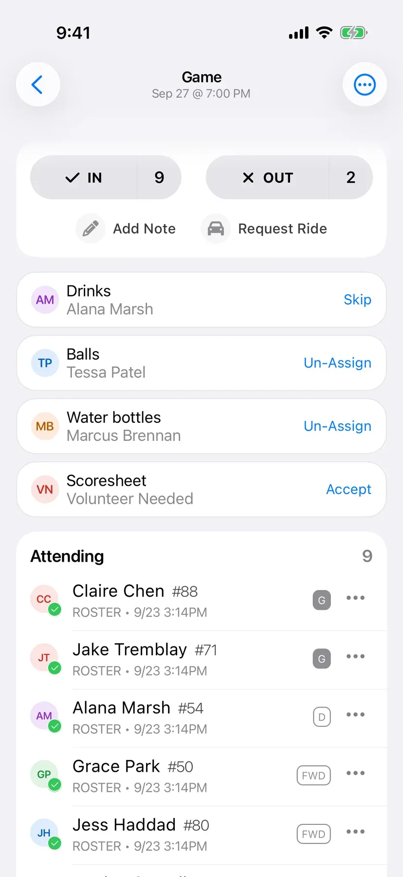 BenchApp duties screen with team jobs assigned to players