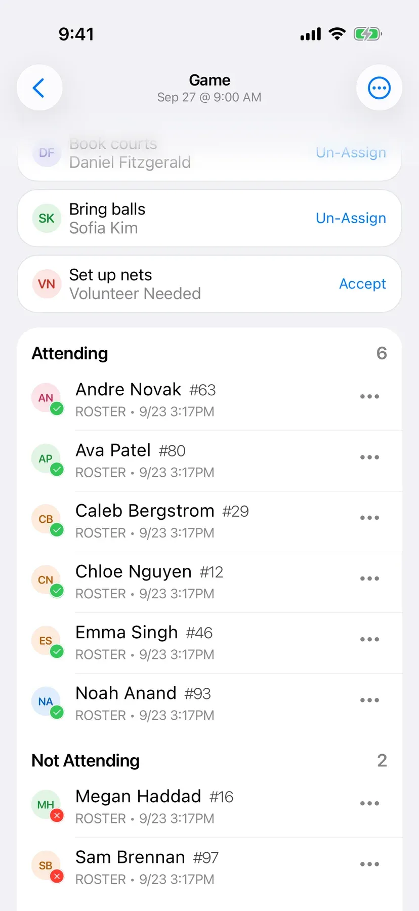 BenchApp game screen showing who is in, out, and yet to reply