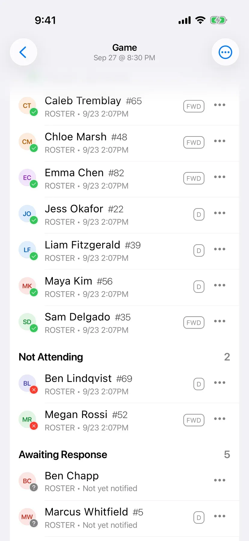 BenchApp on a phone: a game with who's in, out and yet to reply