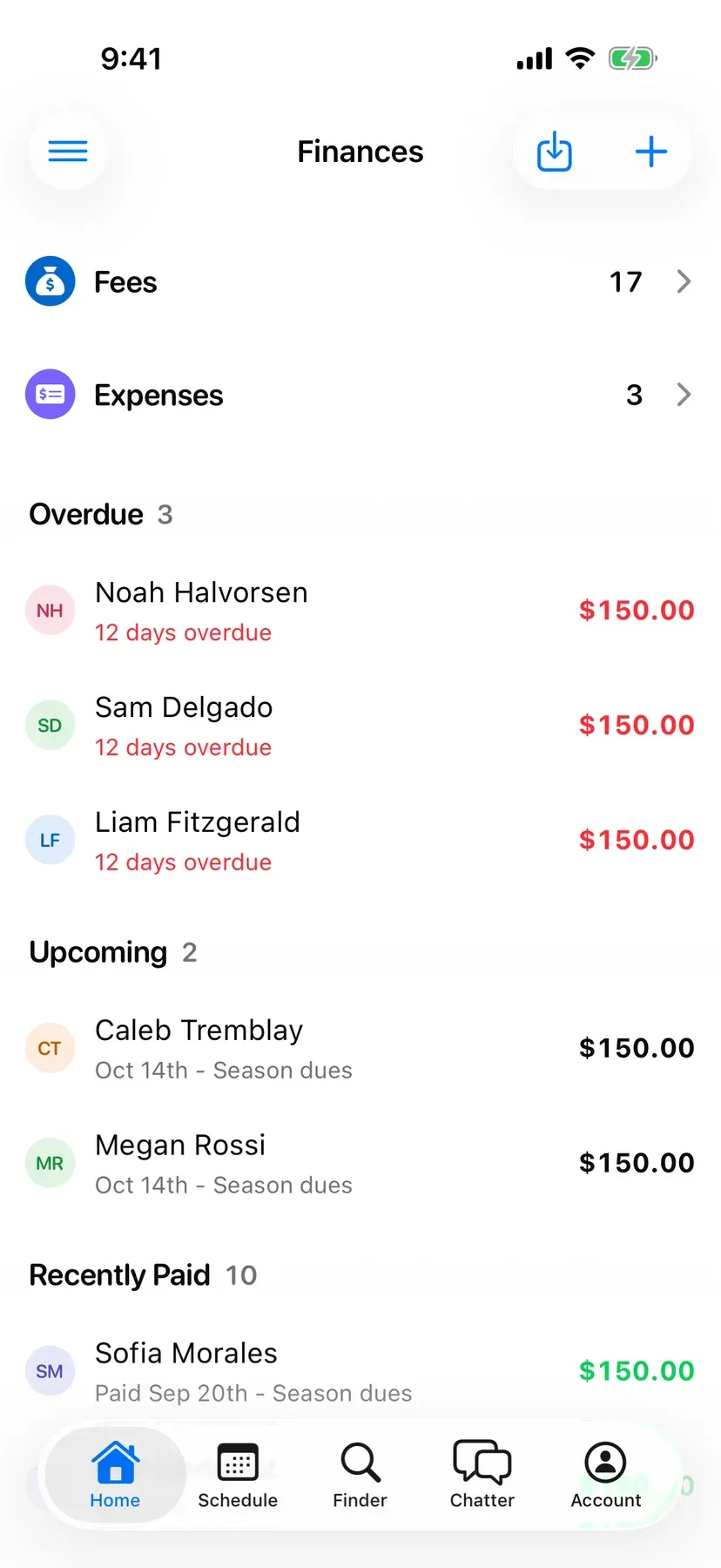 BenchApp on a phone: Finances with overdue, upcoming and recently paid fees