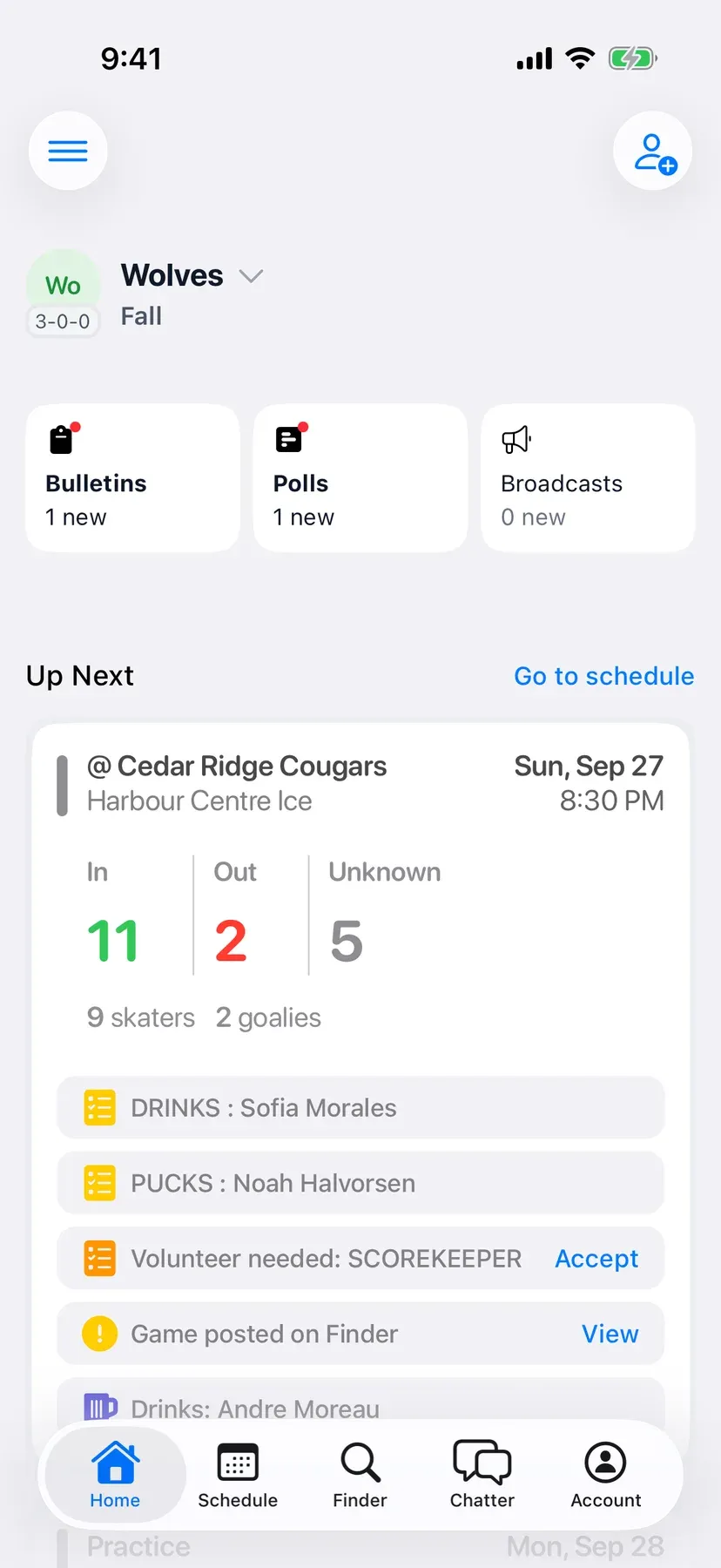 BenchApp on a phone: the team Home screen with Bulletins and Polls