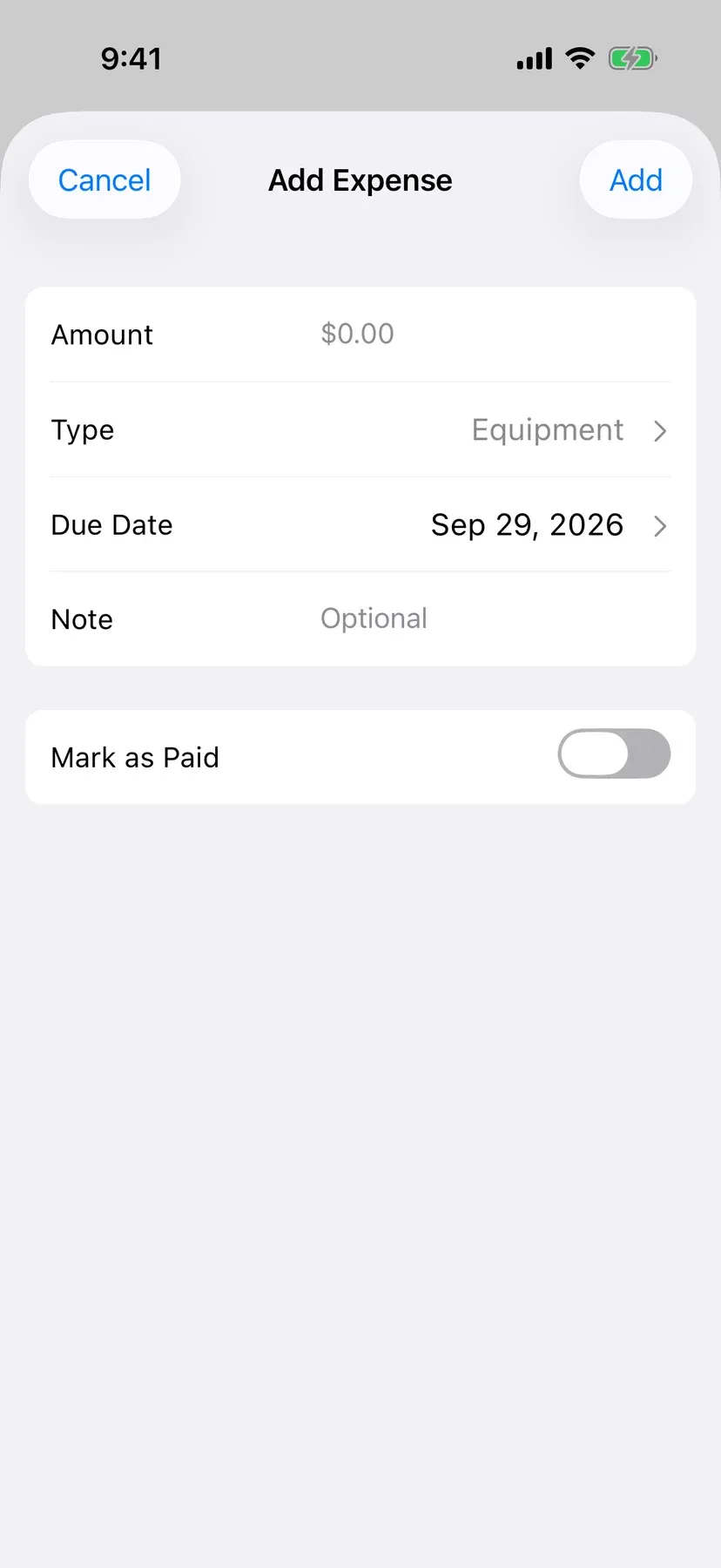 BenchApp on a phone: the Add Expense form with amount, type, due date and note