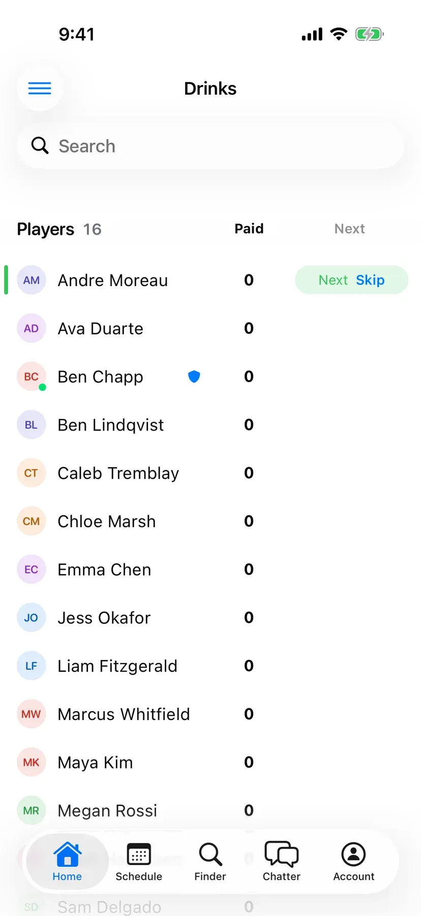 BenchApp on a phone: the drinks list with who's next and a Skip button