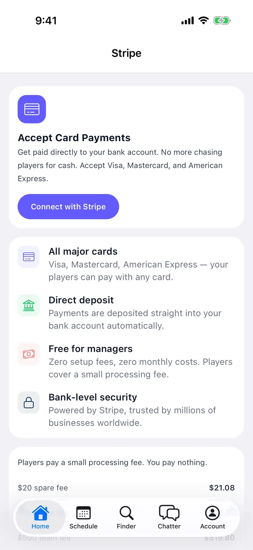 BenchApp on a phone: the Stripe screen with a Connect with Stripe button