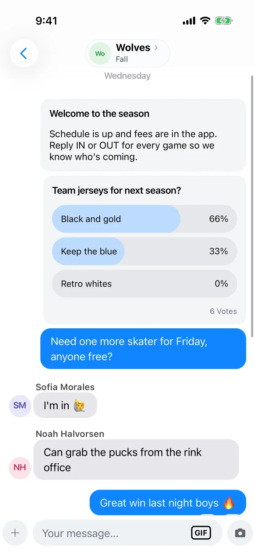 BenchApp on a phone: a team poll about next season's jerseys