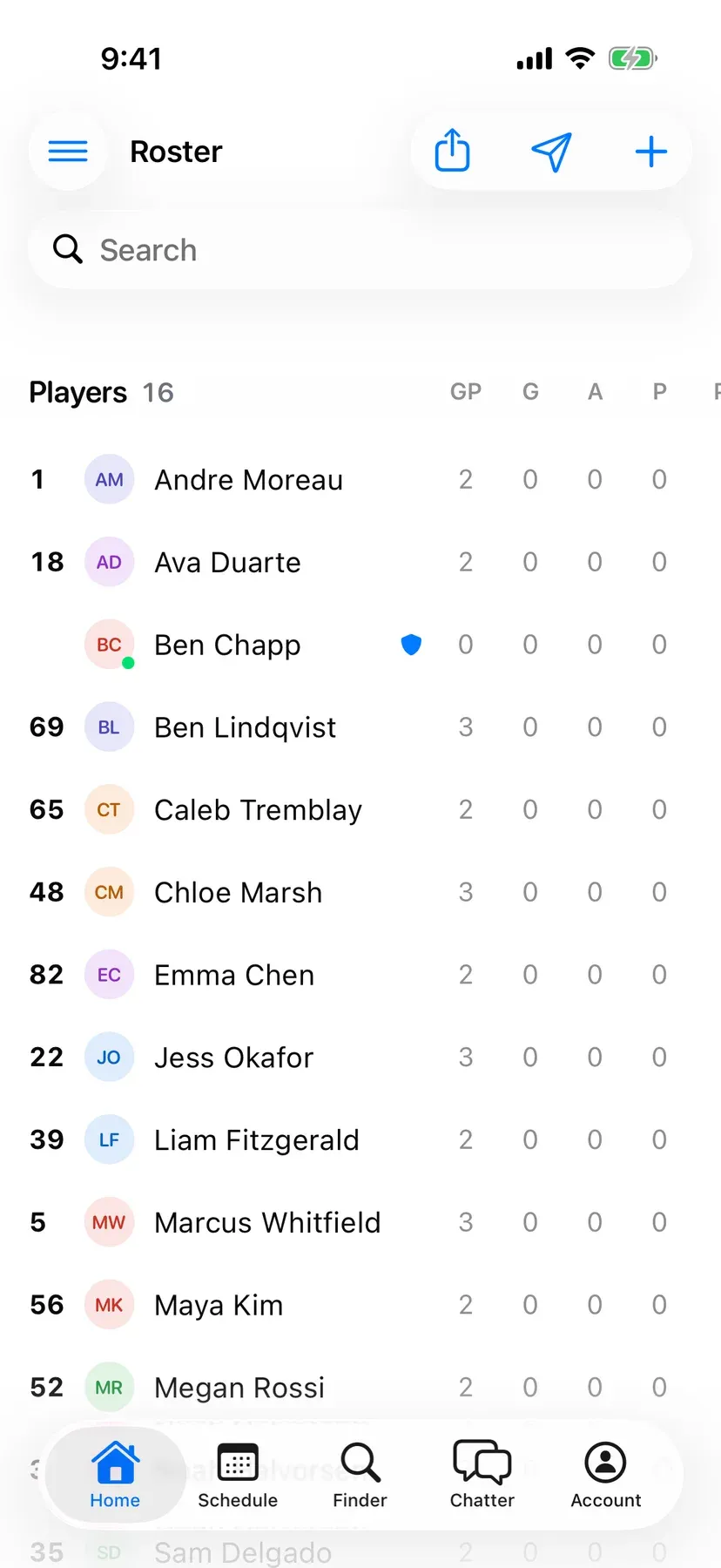 BenchApp on a phone: the team roster