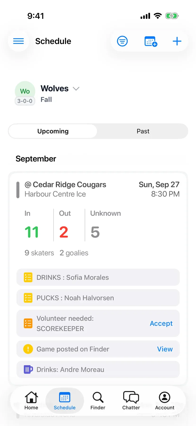 BenchApp on a phone: the schedule with in, out and unknown counts