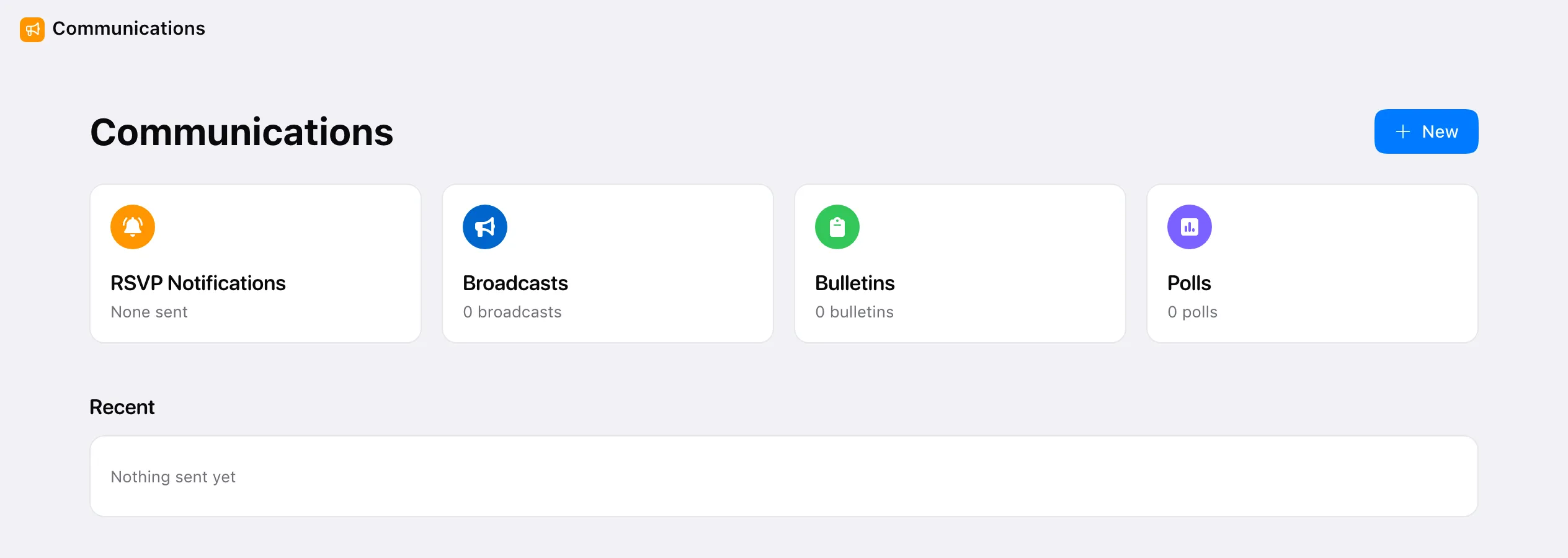 BenchApp Communications page for the BenchApp Bulldogs team. The title has a blue New button beside it. Below are four cards: RSVP Notifications (none sent), Broadcasts, Bulletins and Polls, each showing 0. Under them is a Recent list that says "Nothing sent yet".
